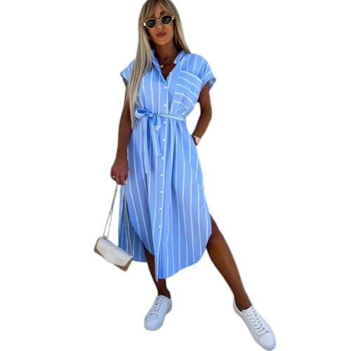Kleid Sommer Damen Gestreift Lang Mit Schlitz Hemdkleid Mit Knopfleiste Gürtel Elegant Blusenkleid Mit Taschen Midi Kleider A Linie Hemdblusenkleid Streifen Sommerkleid Frauen Leicht Luftig von FUPODD