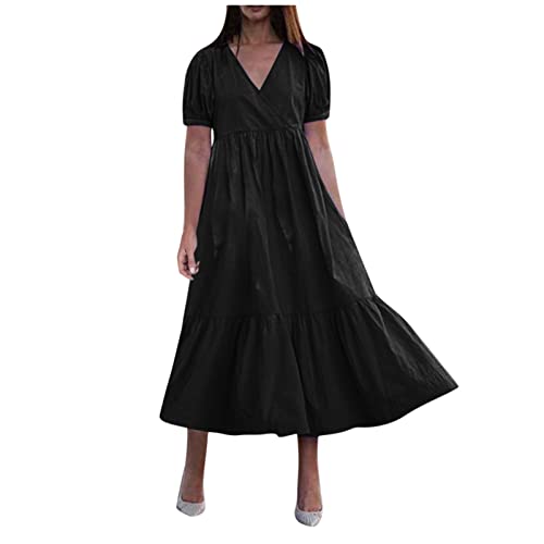 Kleid Sommer Damen Lang Rüschen Kleider Hohe Taille Maxi Sommerkleid A Linie Sommerkleider Leicht Luftig Maxikleider Frauen V Ausschnitt Elegant Damenkleider Puffärmel Strandkleid Weite von FUPODD