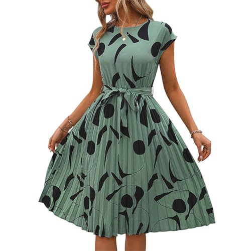 Kleid Sommer Damen Midi Elegant Plissee Sommerkleid Damen A Linie mit Gürtel Faltenkleid Elegante Kurzarm Italienische Kleider Vintage Midikleid Frauen Muster Sommerkleider Leicht und Luftig von FUPODD