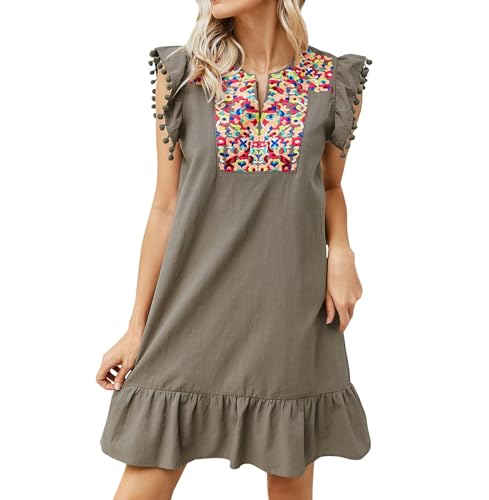 Kleid Sommer Kurz Boho Kleider Damen Hippie Style Boho-Kleid Stickerei Elegant Sommerkleid Luftig A Linie Rüschen Sommerkleider Leicht Volantärmeln Strandkleid Luftige Freizeitkleid Frauen von FUPODD