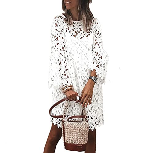 Kleider Damen Kurz A Linie Trompetenärmel Elegant Kleid Lose A-Linie Sommer Frauen Spitze Sommerkleid Weiß Leichte Sommerkleider Damen Leicht Und Luftig Freizeit Damenkleider Bestickt mit Öse von FUPODD