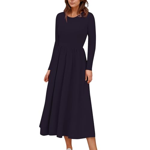 Kleider Damen Lang Elegant Midikleid Damen A Linie Plissee Herbstkleid Langarm Midi Kleid Frauen Rundhals Damenkleider Einfarbig Skaterkleid Freizeit Pulloverkleid Schwingen Frühlingskleid von FUPODD