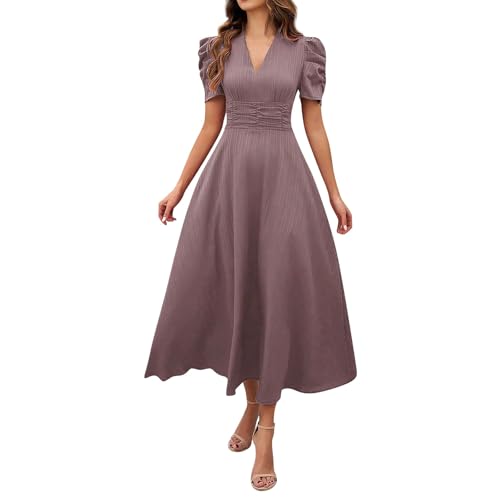 Kleider Damen Lang Sommer Elegant A Linie Abendkleider Puffärmel Sommerkleid V Ausschnitt Kleid Tailliert Leicht Damenkleider Maxi Sommerkleider Frauen Luftig Abschlusskleid Empire Ballkleid von FUPODD