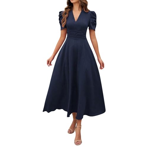 Kleider Damen Lang Sommer Elegant A Linie Abendkleider Puffärmel Sommerkleid V Ausschnitt Kleid Tailliert Leicht Damenkleider Maxi Sommerkleider Frauen Luftig Abschlusskleid Empire Ballkleid von FUPODD
