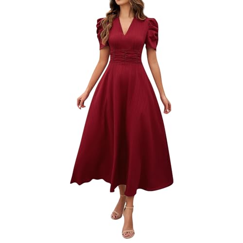 Kleider Damen Lang Sommer Elegant A Linie Abendkleider Puffärmel Sommerkleid V Ausschnitt Kleid Tailliert Leicht Damenkleider Maxi Sommerkleider Frauen Luftig Abschlusskleid Empire Ballkleid von FUPODD