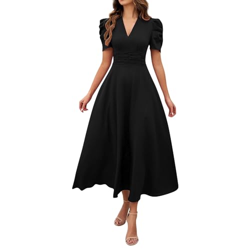 Kleider Damen Lang Sommer Elegant A Linie Abendkleider Puffärmel Sommerkleid V Ausschnitt Kleid Tailliert Leicht Damenkleider Maxi Sommerkleider Frauen Luftig Abschlusskleid Empire Ballkleid von FUPODD