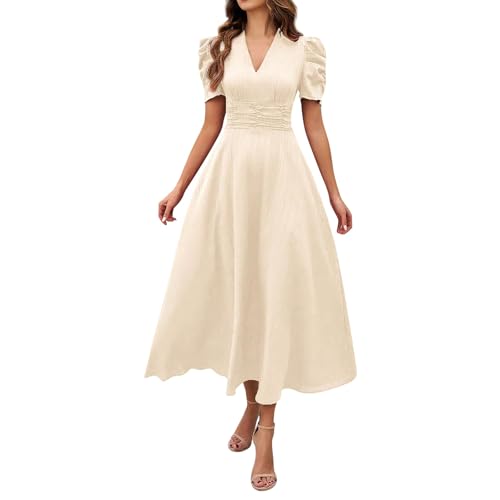 Kleider Damen Lang Sommer Elegant A Linie Abendkleider Puffärmel Sommerkleid V Ausschnitt Kleid Tailliert Leicht Damenkleider Maxi Sommerkleider Frauen Luftig Abschlusskleid Empire Ballkleid von FUPODD
