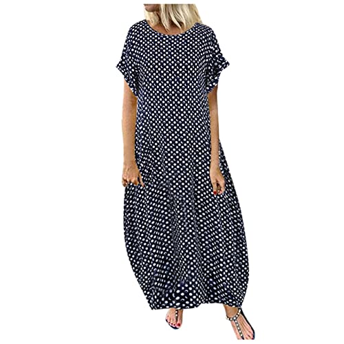 Kleider Damen Lang Sommer Elegant Punkte Ballonkleid Mit Ärmeln Sommerkleider Damen Leicht Luftig Blusenkleid Maxi Kurzarm Sommerkleid Rundhals Strandkleid Frauen Casual Maxikleider Locker von FUPODD