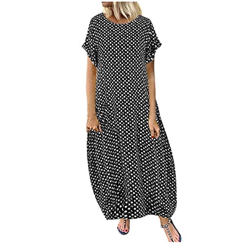 Kleider Damen Lang Sommer Elegant Punkte Ballonkleid Mit Ärmeln Sommerkleider Damen Leicht Luftig Blusenkleid Maxi Kurzarm Sommerkleid Rundhals Strandkleid Frauen Casual Maxikleider Locker von FUPODD