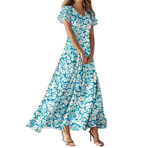 Kleider Damen Sommer A-Linien Strandkleid Lang Hängerchen Kleid A Linie Boho Style Damen Leichtes Sommerkleid Kurzarm mit Ärmeln Rüschen Tailliert Schwingendes Empirestil Hohe Taille von FUPODD