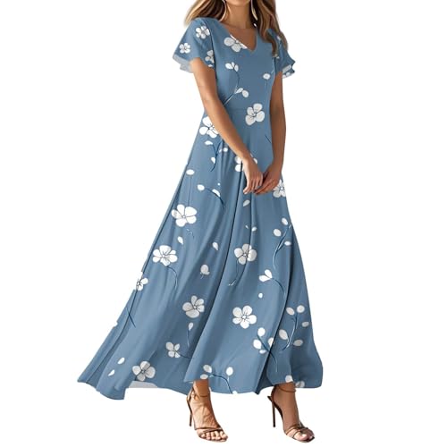 Kleider Damen Sommer A-Linien Strandkleid Lang Hängerchen Kleid A Linie Boho Style Damen Leichtes Sommerkleid Kurzarm mit Ärmeln Rüschen Tailliert Schwingendes Empirestil Hohe Taille von FUPODD