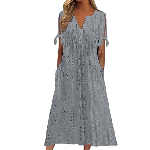 Kleider Damen Sommer A-Linien Strandkleid Lang Hängerchen Kleid A Linie Boho Style Leichtes Sommerkleid Kurzarm mit Ärmeln Schwingendes Leinenkleid Damen Sommer Empirestil Hohe Taille von FUPODD