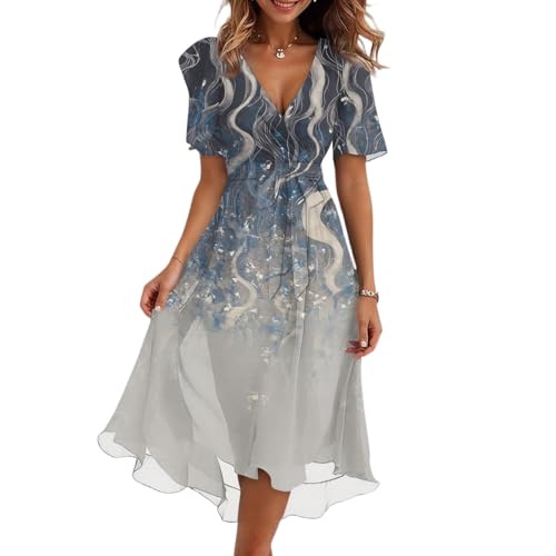 Kleider Damen Sommer Elegant Blumen Sommerkleid Damen Midi A Linie Binden Kleid Geblümt V Ausschnitt Midikleid Kurzarm Elegante Blumenkleid Festlich Wickel Sommerkleider Frauen Leicht Luftig von FUPODD