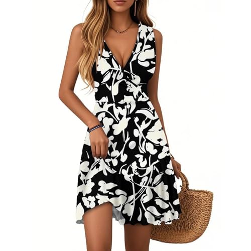Kleider Damen Sommer Elegant Blumenkleid Kurz A Linie Rüschen Sommerkleid Ärmellos Korsett Kleid V Ausschnitt Schicke Sommerkleider Leicht Und Luftig Blumen Volant Strandkleid Frauen Freizeit von FUPODD