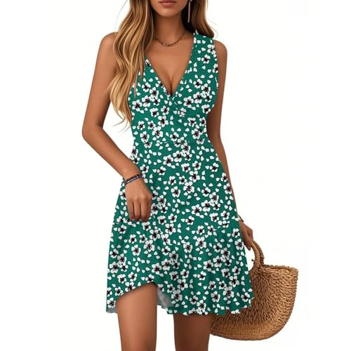 Kleider Damen Sommer Elegant Blumenkleid Kurz A Linie Rüschen Sommerkleid Ärmellos Korsett Kleid V Ausschnitt Schicke Sommerkleider Leicht Und Luftig Blumen Volant Strandkleid Frauen Freizeit von FUPODD