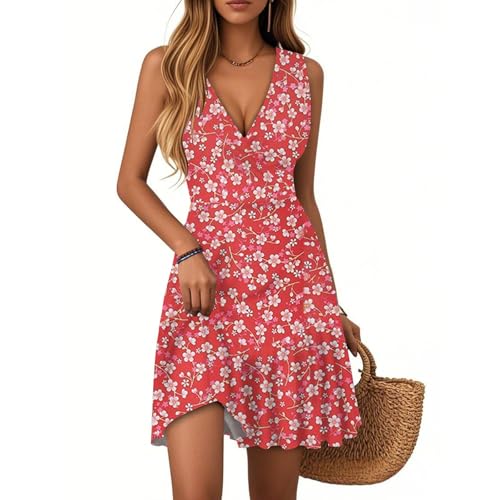 Kleider Damen Sommer Elegant Blumenkleid Kurz A Linie Rüschen Sommerkleid Ärmellos Korsett Kleid V Ausschnitt Schicke Sommerkleider Leicht Und Luftig Blumen Volant Strandkleid Frauen Freizeit von FUPODD