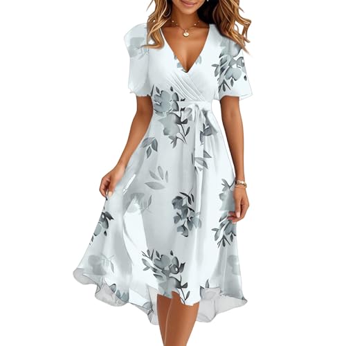 Kleider Damen Sommer Elegant Lang Chiffon Sommerkleid A-Linie Hohe Taille Abendkleid Boho Kleid Kurzarm Cocktailkleid Frauen Midi Casual Wickelkleid V-Ausschnitt Bindegürtel Strandkleid Maxi von FUPODD