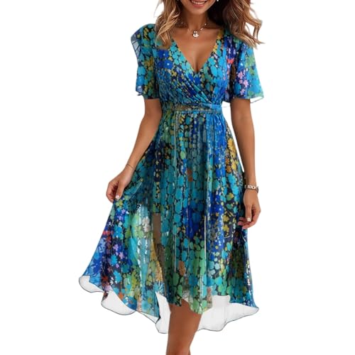 Kleider Damen Sommer Elegant Lang Chiffon Sommerkleid A-Linie Hohe Taille Abendkleid Boho Kleid Kurzarm Cocktailkleid Frauen Midi Casual Wickelkleid V-Ausschnitt Bindegürtel Strandkleid Party von FUPODD