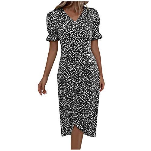 Kleider Damen Sommer Elegant Sommerkleid A Linie Midi Strandkleid Blumen Kleid V Ausschnitt Sommerkleider Frauen Leicht Und Luftig Wickelkleid Knöpfe Freizeitkleider Vorne Kurz Hinten Lang von FUPODD
