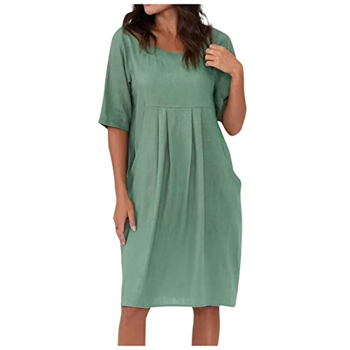 Kleider Damen Sommer Knielang Plissee Sommerkleid Leicht Elegant Sommerkleider Damen Leicht Luftig Plisseekleid Frauen Schwingen Einfarbig Damenkleider Kurz mit Taschen Halbarm Kleid Locker von FUPODD