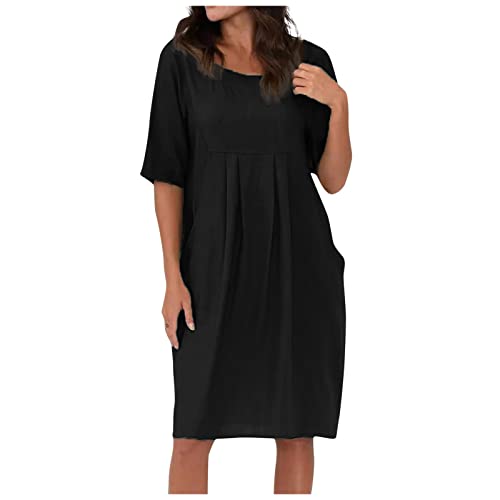 Kleider Damen Sommer Knielang Plissee Sommerkleid Leicht Elegant Sommerkleider Damen Leicht Luftig Plisseekleid Frauen Schwingen Einfarbig Damenkleider Kurz mit Taschen Halbarm Kleid Locker von FUPODD