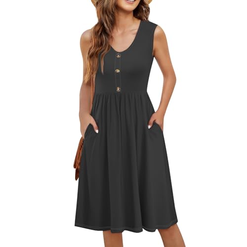 Kleider Damen Sommer Knielang Sommerkleid Elegant A Linie Kleid Mit Taschen Ärmellos Strandkleid Frauen V Ausschnitt Mit Knopfleiste Sommerkleider Damen Leicht Und Luftig Damenkleider Casual von FUPODD