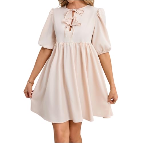 Kleider Damen Sommer Kurz A Linie Sommerkleid Damen Elegant Halbarm Sommerkleider Leicht Und Luftig Kleid High Waist Plissee Freizeitkleider Frauen Einfarbig Lose Strandkleid Kordelausschnitt von FUPODD