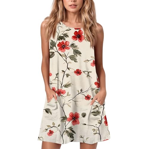 Kleider Damen Sommer Kurz Elegant Sommerkleid Ärmellos Strandkleid A Linien Boho Tank Kleid Mit Taschen Sommerkleider Damen Leicht Und Luftig Blumenkleid Frauen Mini Freizeitkleider Leichtes von FUPODD
