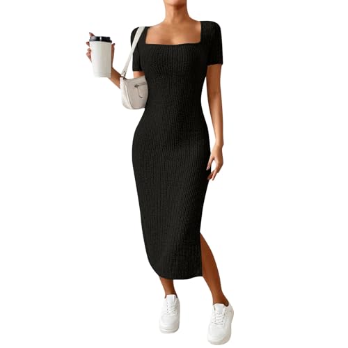 Kleider Damen Sommer Lang Curvy Strickkleid Kurzarm Geripptes Kleid Bodycon Bleistiftkleid Frauen Elegant Midikleid Mit Schlitz T Shirt Kleider Einfarbig Freizeit Sommerkleid Figurumspielend von FUPODD