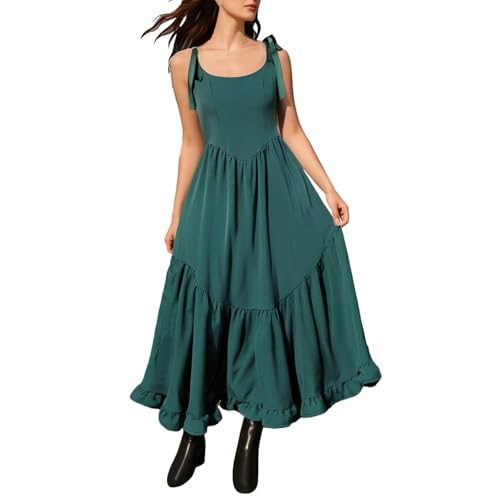 Kleider Damen Sommer Lang Elegant Rüschen Sommerkleid Damen Maxi A Linie Rückenfrei Trägerkleid Frauen Strand Sommerkleider Leicht Und Luftig Maxikleid Träger Schnürung Volant Kleid Schwingen von FUPODD