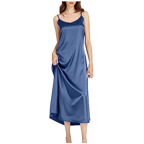 Kleider Damen Sommer Lang Elegant Spaghettiträger Seide Trägerkleid Sommer Maxi Sommerkleider Leicht Luftig Sommerkleid V Ausschnitt Strandkleid Luftige Rückenfrei Partykleid Frauen Einfarbig von FUPODD