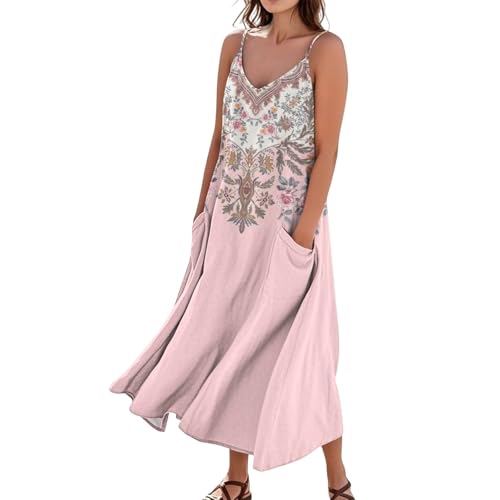 Kleider Damen Sommer Lang Leinenkleid Blumen Sommerkleider Leicht Und Luftig Maxi Trägerkleid Baumwolle Leinen Spaghettiträger Sommerkleid V Ausschnitt Strandkleid mit Taschen Kleid A Linie von FUPODD