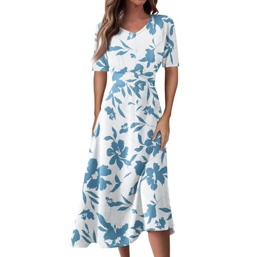 Kleider Damen Sommer Midi Elegant Sommerkleid A Linie Blumen Strandkleid Tailliert Midikleid Frauen V Ausschnitt Sommerkleider Leicht Und Luftig Blumenkleid Freizeitkleid Kurzarm Boho Kleid von FUPODD