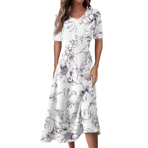 Kleider Damen Sommer Midi Elegant Sommerkleid A Linie Blumen Strandkleid Tailliert Midikleid Frauen V Ausschnitt Sommerkleider Leicht Und Luftig Blumenkleid Freizeitkleid Kurzarm Boho Kleid von FUPODD