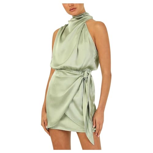 Kleider Damen Sommer Satin Kurz Abendkleider Elegant Für Hochzeit Kleid Party Minikleid Cocktailkleid Neckholder Sommerkleid Frauen Leicht Ballkleid Mit Schnürung Schick Wickelkleid Festliche von FUPODD