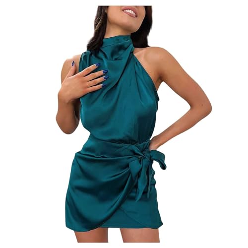 Kleider Damen Sommer Satin Kurz Abendkleider Elegant Für Hochzeit Kleid Party Minikleid Cocktailkleid Neckholder Sommerkleid Frauen Leicht Ballkleid Mit Schnürung Schick Wickelkleid Festliche von FUPODD