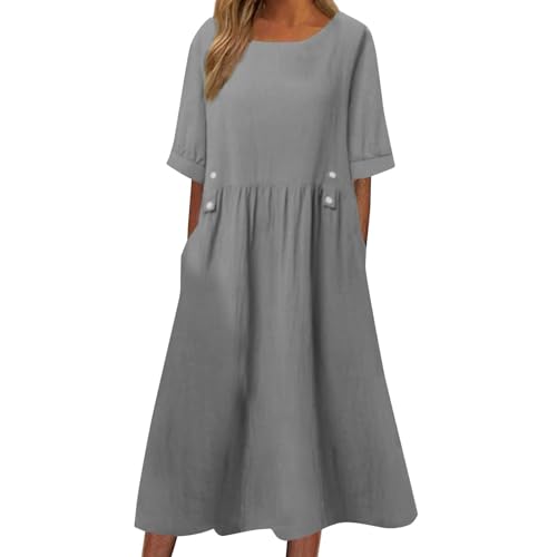 Kleider Damen Sommer V Ausschnitt Midi Sommerkleid Leichte mit Taschen Midikleid Frauen Plissee Kurzarm Strandkleid Luftig Locker Kleid Bestickt Cold Shoulder mit Öse Schnürung Zum Schnüren von FUPODD