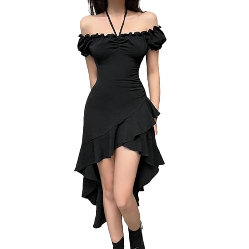 Kleider Damen Sommer Vorne Kurz Hinten Lang Rüschen Schwarzes Kleid A Linie Elegant Sommerkleid Schulterfrei Ballkleid Frauen Partykleid Figurbetontes Cocktailkleid Off Shoulder Abendkleider von FUPODD