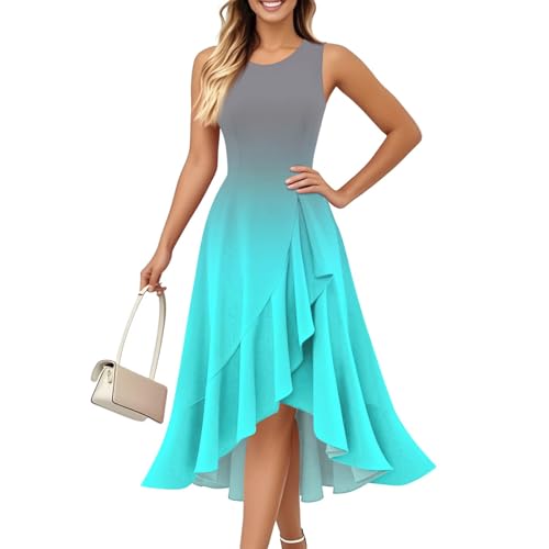 Kleider Damen Sommer Vorne Kurz Hinten Lang Rüschen Sommerkleid Damen Elegant A Linie Kleid Ärmellos Sommerkleider Frauen Leicht Und Luftig Strandkleid Schick Volant Damenkleider Farbverlauf von FUPODD