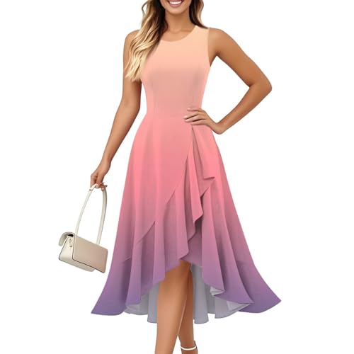 Kleider Damen Sommer Vorne Kurz Hinten Lang Rüschen Sommerkleid Damen Elegant A Linie Kleid Ärmellos Sommerkleider Frauen Leicht Und Luftig Strandkleid Schick Volant Damenkleider Farbverlauf von FUPODD