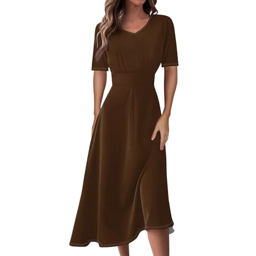 Kleider Damen V Ausschnitt Sommerkleid Leicht Elegant Midi Kleid A Linie Wadenlang Midikleid Frauen Kurzarm Einfarbig Damenkleider Casual Plissee Luftige Sommerkleider Festlich Freizeitkleid von FUPODD