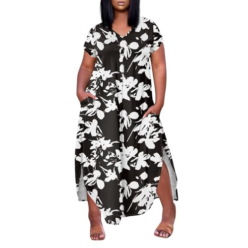 Kleider Für Mollige Frauen Lang Sommer Blumen Sommerkleid Damen Große Größen Mit Taschen Sommerkleider Leicht Und Luftig V Ausschnitt Maxikleid Elegant Plus Size Boho Kleid A Linie Schlitz von FUPODD