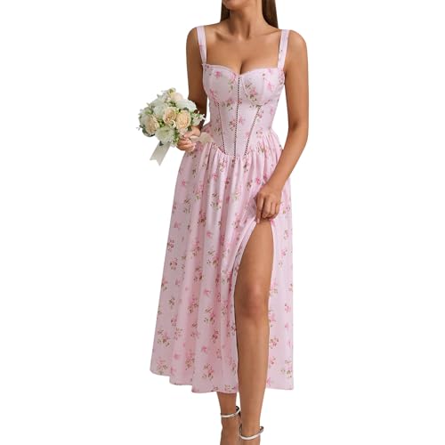 Korsett Kleid Damen Lang Elegant Sommer Trägerkleid Blumen A Linie Mit Schlitz Langes Sommerkleid Träger Rückenfrei Mit Taschen Sommerkleider Leicht Luftig Corset Party Kleider Frauen Geblümt von FUPODD