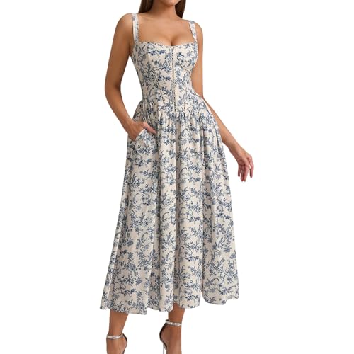 Korsett Kleid Damen Lang Elegant Sommer Trägerkleid Blumen A Linie Mit Schlitz Langes Sommerkleid Träger Rückenfrei Mit Taschen Sommerkleider Leicht Luftig Corset Party Kleider Frauen Geblümt von FUPODD