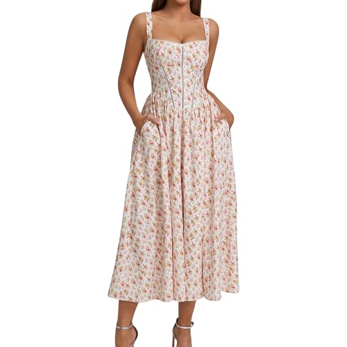 Korsett Kleid Damen Lang Elegant Sommer Trägerkleid Blumen A Linie Mit Schlitz Langes Sommerkleid Träger Rückenfrei Mit Taschen Sommerkleider Leicht Luftig Corset Party Kleider Frauen Geblümt von FUPODD