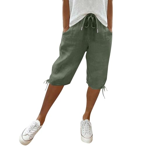 Kurze Hose Damen Freizeithose Damen Sommerhose Damen Leicht Kurz Caprihose Damen Mit Gummizug Shorts Damen Lockere Musselin Hose Mit Taschen 3/6 Stoffhose Strandhose Plissee Hose Dreiviertel Hose von FUPODD