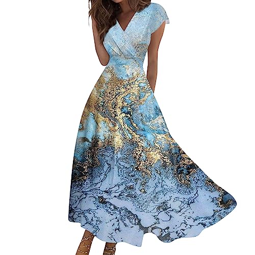 Langes Sommerkleid Damen Leicht Kurzarm Corset Kleider Blumenmuster A-Linien Kleid Schwingendes Sommerkleider Leicht Und Luftig Empire Flügelärmel Freizeitkleid Geblümt Dresses Muster Dress von FUPODD