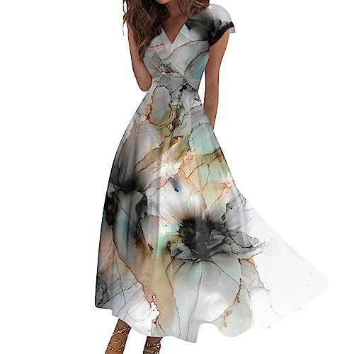 Langes Sommerkleid Damen Leicht Kurzarm Corset Kleider Blumenmuster A-Linien Kleid Schwingendes Sommerkleider Leicht Und Luftig Empire Flügelärmel Freizeitkleid Geblümt Dresses Muster Dress von FUPODD