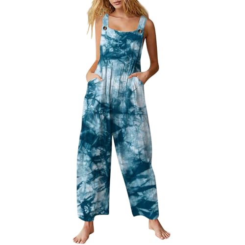 Latzhose Damen Sommer Lang Weites Bein Jumpsuit Baumwolle Leinen Luftig Overall Mit Taschen Elegant Latzhosen Loose Fit Freizeit Jumpsuits Bequeme Leicht Boho Playsuit Frauen Blumen Muster von FUPODD