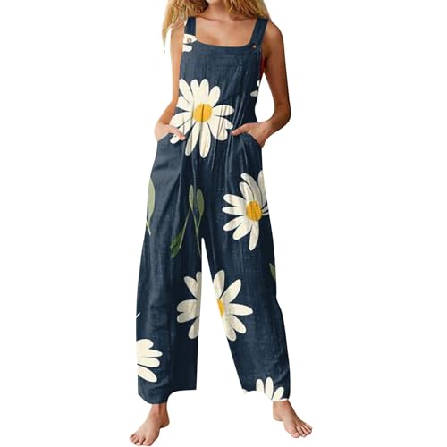 Latzhose Damen Sommer Lang Weites Bein Jumpsuit Baumwolle Leinen Luftig Overall Mit Taschen Elegant Latzhosen Loose Fit Freizeit Jumpsuits Bequeme Leicht Boho Playsuit Frauen Blumen Muster von FUPODD